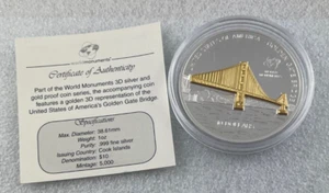 2008 World Monuments Golden 3D America Golden Gate Bridge 999 Silver Proof Coin - Picture 1 of 5