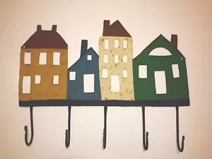 Antike bunte dekorative schmiedeeiserne Hut-/Garderobe mit Haken ~ Stadtbild - Häuser - Bild 1 von 10