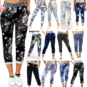 Women's Ladies Italian Star Tropical Floral Turn Up Trouser Elasticated Pant New - Picture 1 of 14