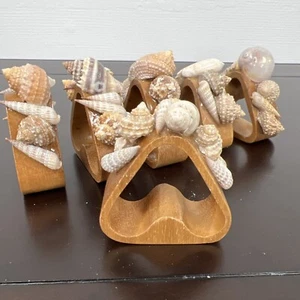 Vintage Seashell & Wood Napkin Ring Set Of 6, MCM Beach Decor - Picture 1 of 17