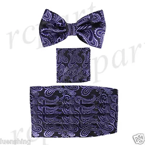 Nuevo En Caja Marca Q Cachemira Cummerbund Bowtie Set Boda Negro Púrpura - Imagen 1 de 6
