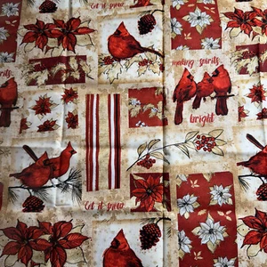 4 1/2 yards - 1/2 yard cuts Christmas Bird Poinsettia Cotton Fabric Material S - Picture 1 of 3
