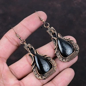 Psilomelane Jewelry Copper Sister Gift Wire Wrapped Drop/Dangle Earrings 2.95" - Picture 1 of 6