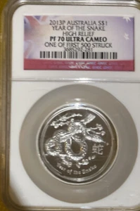 2013-P Australia 1oz Silver Year of Snake High Relief NGC PF70 - 1 of first 500 - Picture 1 of 3
