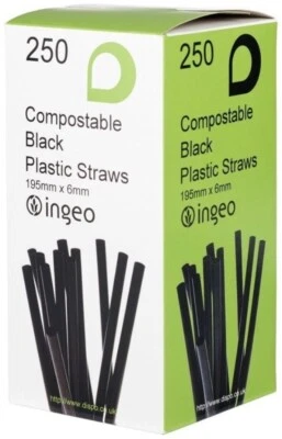6mm Black Bendy Flexible Straws Compostable PLA Biodegradable 195mm x 6mm Eco F - Image 1 of 4