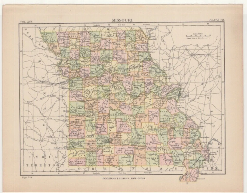c1895 Mapa estatal de Missouri EE. UU. antiguo vintage Britannica 9th Foto 1 de 2