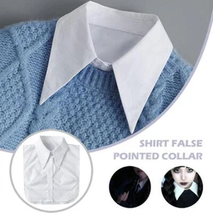 White Long Pointed Flat Dickey Collar False Faux Cotton Half Shirt Blouse Button - Picture 1 of 8