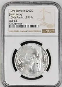 1994 SLOVAKIA SILVER 200 KORUN JANKO ALEXY 100TH ANNIV. BIRTH -NGC MS68 -TOP POP - Picture 1 of 2