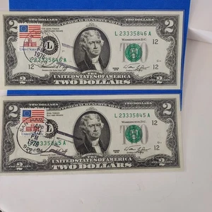1976 RARE (2) Uncirculated Sequential $2 Bills 1ST day Issue 4/13/76 Stamped-923 - Picture 1 of 4