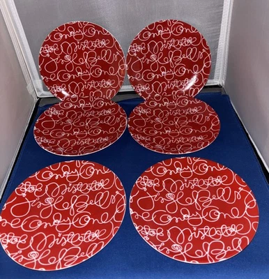 Crate & Barrel Holiday Plates Set of 6 Red & White Ceramic Christmas Script - Image 1 of 3