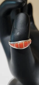 Vintage Sterling Silver Red Coral Inlay Band Ring Size 7.25 Southwestern Jewelry - Picture 1 of 11
