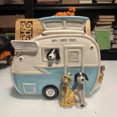 Blue Sky Clayworks Happy Camper Cats and Dogs Retro Camper Treat Cookie Jar READ - Image 1 of 4