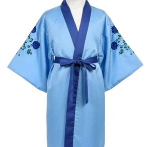 Vintage Japanese Kimono Style Robe Embroidered Flowers Blue Green - Picture 1 of 22