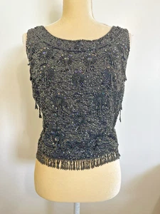 Camiseta sin mangas vintage negra con cuentas mediana DePaul Originals Hong Kong con flecos - Imagen 1 de 7