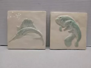 Ceramic Wall Tile Aquatic Hand Painted 6" x 6" Manatees Sword Fish - Picture 1 of 15
