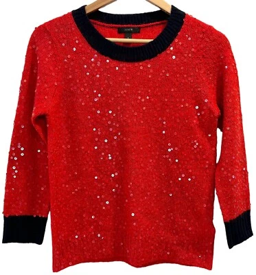 Suéter J CREW Cuello Redondo Talla PEQUEÑA Rojo Lentejuelas Tejido Brillante Mezcla de Lana Vacaciones Foto 1 de 4