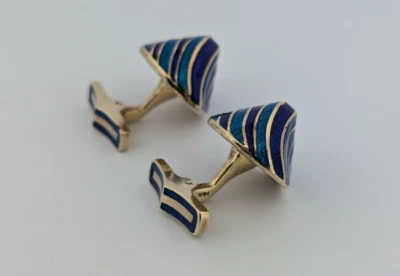 David Webb 14k Gold and Blue Enamel Cufflinks - Image 1 of 4