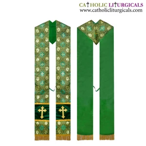 NEW Metallic Green V-Cut Priest Stole, V-Cut Priest Stole with Cross Embroidery - Picture 1 of 1