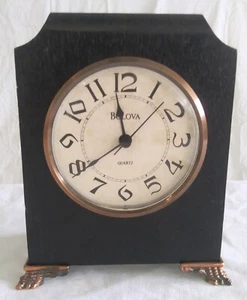 BULOVA QUARTZ MANTEL CLOCK Dark Wood Brass Feet WORKING CONDITION - Picture 1 of 9
