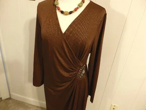 Wome 1X XL 18 Career Evening Knee Dress Sleev Long Wrap Brown Work Chur Formal - Picture 1 of 12