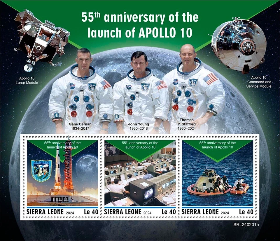 Espacio 55 Aniversario del Lanzamiento del Apolo 10 Estampillas MNH 2024 Sierra Leona M/S Foto 1 de 1