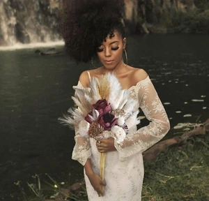 Burgundy Pampas Grass Bridal Bouquet Sola Wood Cream Ivory Wheat BOHO Bridesmaid - Picture 1 of 2