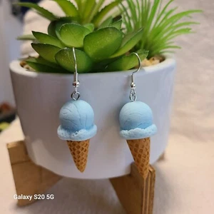 Handcrafted Ice Cream Cone Dangle Earrings Blue/Brown NEW Lobe Area 2" Ladies - Picture 1 of 5