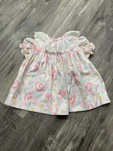 Vintage Girls Dress 12 Months Party Floral Pink Blue Bib Lace Flower 80s 90s - Picture 1 of 8