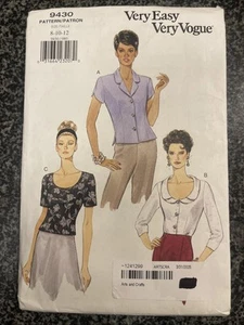 Vogue 9430 Semi-Fitted Tops in 3 Lengths w Collar & Sleeve Variations Sz 8-12 UC - Picture 1 of 2