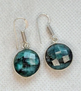 925 Sterling Silver Checkerboard Emerald Drop Earrings ~ E0176 - Picture 1 of 3