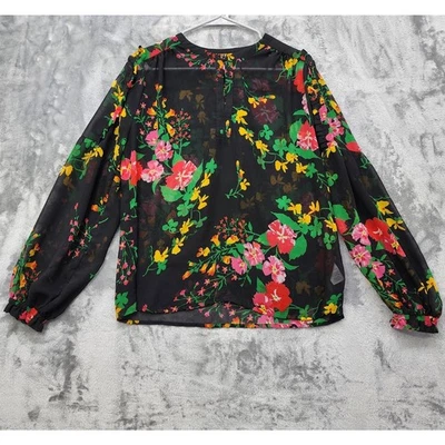 Top Cabi Para Mujer S Negro Floral Transparente Gasa Thespian Volantes Manga Larga Globo Foto 1 de 4