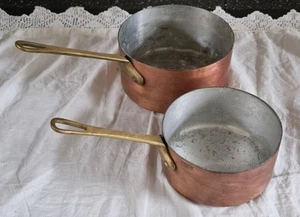 2 VTG Copper Pans 14.5" cm & 12.5cm Diameter Brass Handles 1 Marked France READ - Picture 1 of 8