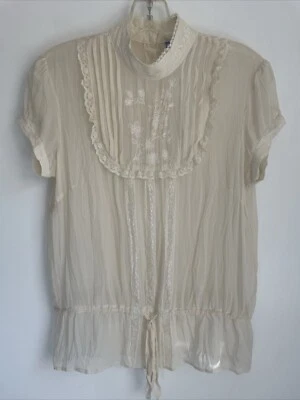 Anthropologie Emma & Sam Sheer Blouse Top Pleated Short Sleeve Size 4 Cottage - Image 1 of 4