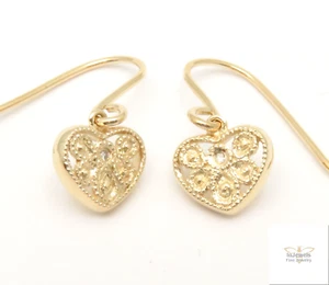 14K SOLID YELLOW GOLD NATURAL DIAMOND SMALL HEART FILIGREE DANGLE DROP EARRINGS - Picture 1 of 3