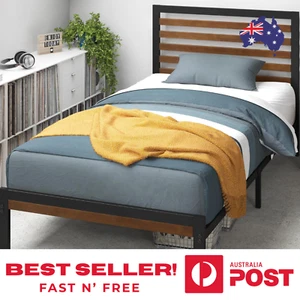 Bamboo and Metal Platform Bed Frame with Headboard easy assemble single bed - Picture 1 of 11