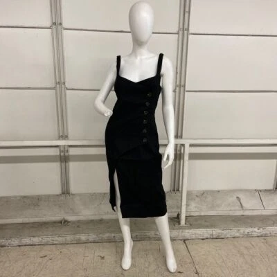 Vestido midi envolvente con botones de lino cuello cuadrado ANTHROPOLOGIE para mujer talla M negro Foto 1 de 4