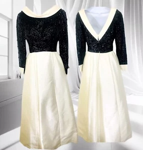 60s Maxi Ball Gown Sz 10 Black Beaded Crepe, Cream Silk Dress “Elizabeth Taylor” - Picture 1 of 15