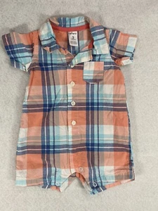 Carter’s Toddler Boys Plaid Size 3 Months One Piece Orange and Blue Shorts Snap - Picture 1 of 6