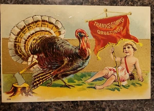 Antike Thanksgiving Postkarte Truthahn & Amor, Stumpf mit Axt .....oh nein.... - Bild 1 von 4