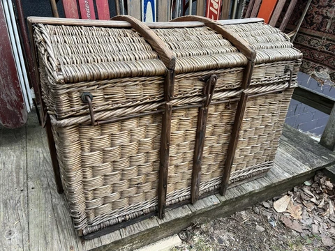 Antique Dome Top Wicker Cane Trunk Metal Handles Buck Lock French? Cover