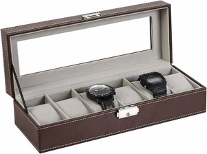 6 ranuras para reloj de joyería caja de cuero marrón estuche de exhibición reloj organizador de almacenamiento - Imagen 1 de 7