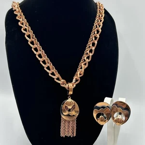 Mid Century Modern Copper 2 Strand Link Necklace Clipon Earring Set MCM Atomic - Picture 1 of 8