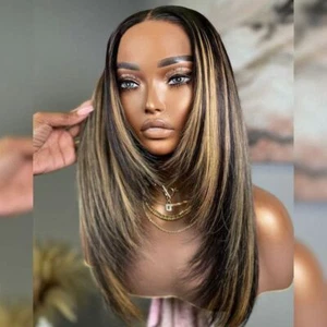 Black Blonde Layered Cut Straight Human Hair Wig Lace Front Wigs 13x4 Pre Pluck - Picture 1 of 6