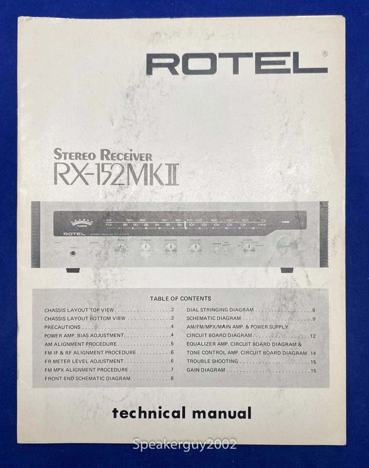 Original Rotel RX-152 MKII Stereo Receiver Technical Manual - Image 1 of 1