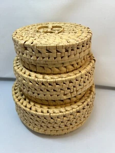 Juego de 3 tapas vintage de hierba dulce redonda tejida a mano con asas - Imagen 1 de 15