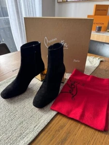 CHRISTIAN LOUBOUTIN Black Suede Gold Block Heels Ankle Boots - size 36 - AU 5.5 - Picture 1 of 4