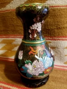 FINE JAPANESE CLOISONNE 8.2" VASE MULTI FLOWERS IN BASKET w TREE CHRYSANTHEMUM - Picture 1 of 11