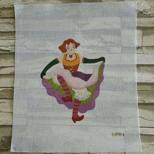 NAN Can Can Lady Dancer A Needlepoint Canvas Painted Purple Green Dress Red Hair - Bild 1 von 10