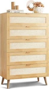 Rattan Dresser, 5 Drawer Wood Boho Dresser Storage with Gold Metal Handle - Picture 1 of 8