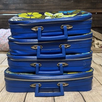 4件套复古嵌套柔软侧蓝色绿色花卉行李箱存储 — 第 1/4 张图片
